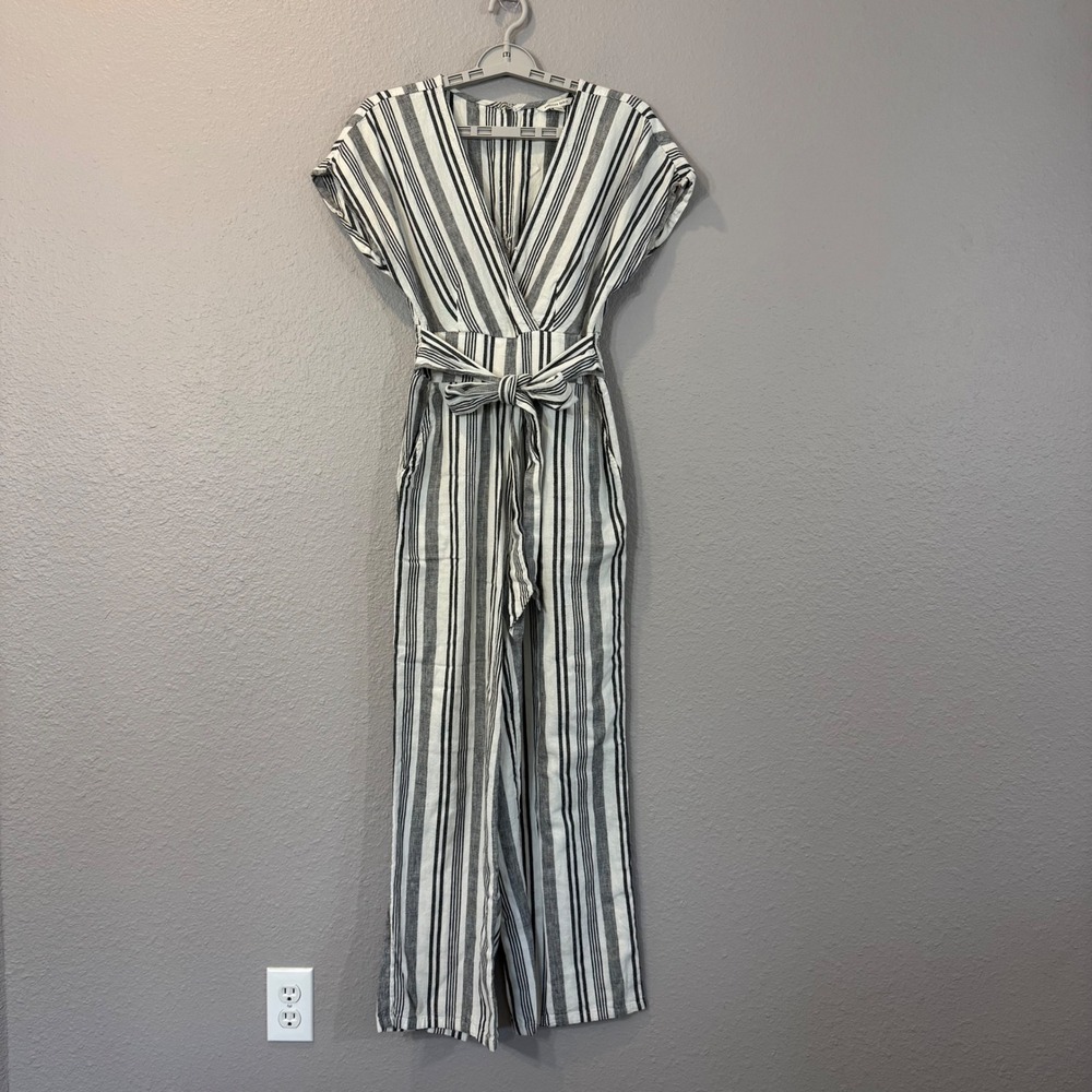 American Eagle Women's Size XS Black White Striped Linen Cotton Blend Jumpsuit